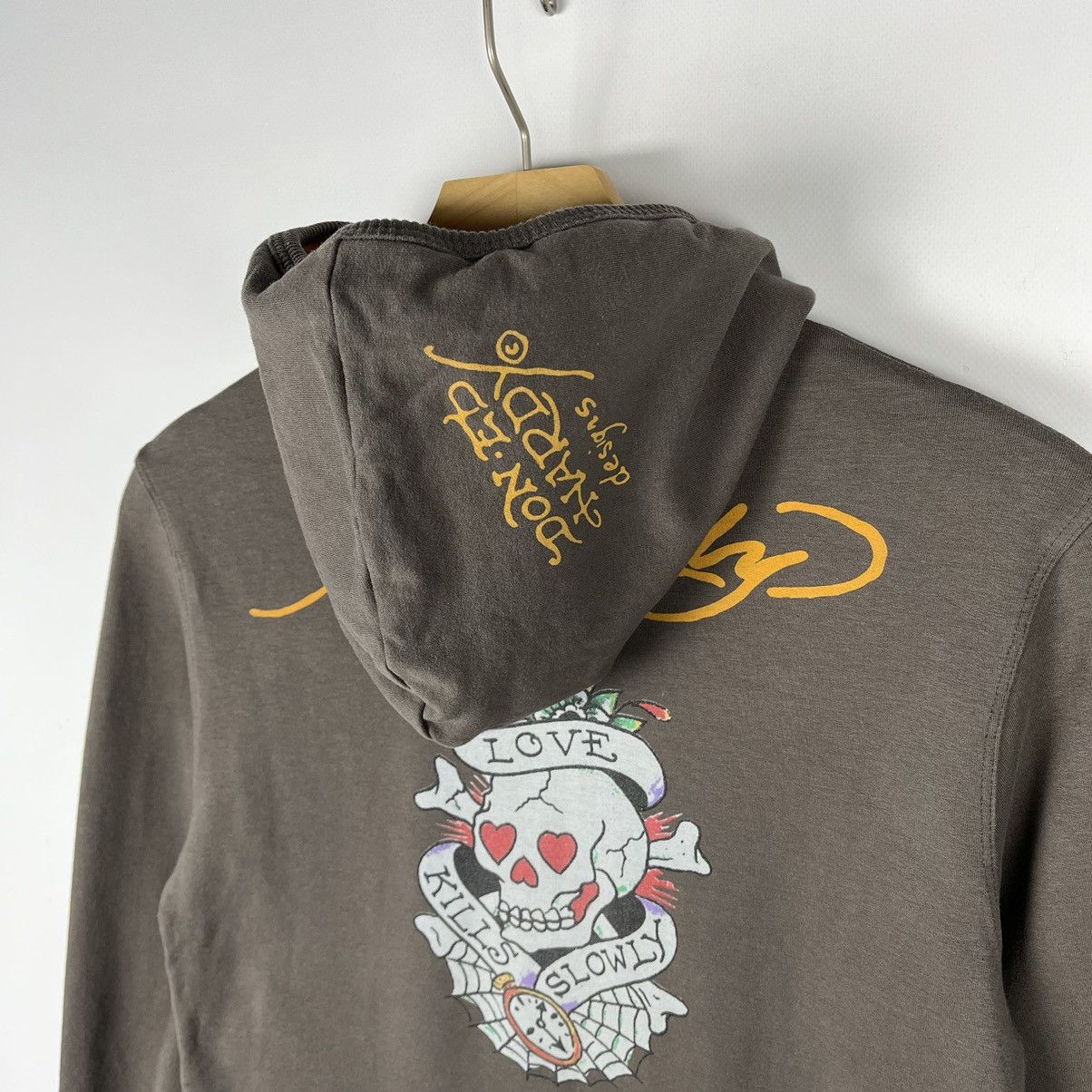 Vintage Ed Hardy y2k brown skulls big logo hoodie 90's