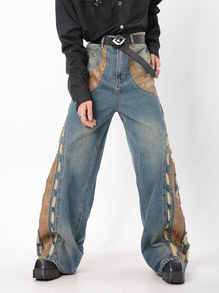 Japanese Brand × Jean Studded baggy jeans leather patchwork distressed Size US 28 / EU 44 - 1 Thumbnail