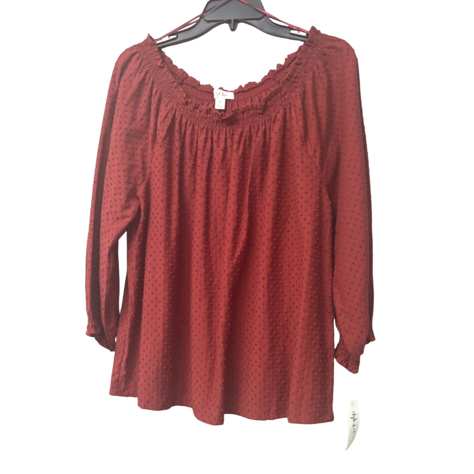 Style & Co Style Co Plus Size Off-the-Shoulder Swiss Dot Top, Merlot, S Size ONE SIZE - 10 Thumbnail