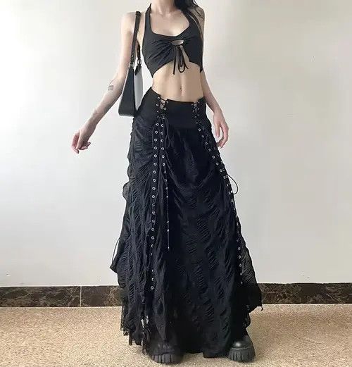 Designer Y2k Gothic Punk Bandage Mesh Patchwork Irregular Maxi Skirt Size 29" - 2 Thumbnail