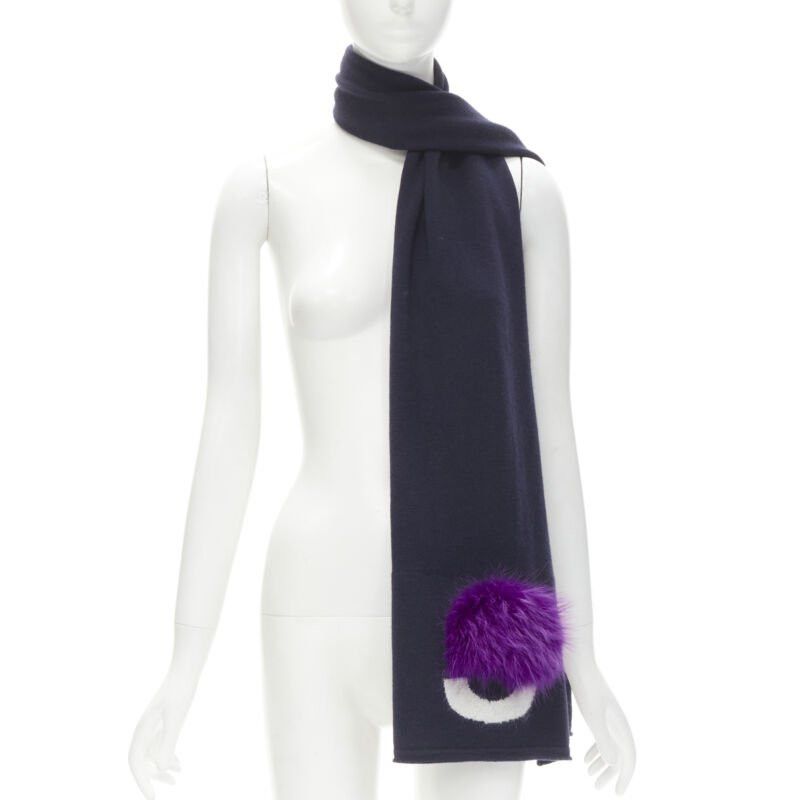 Fendi FENDI 100% wool navy blue Signature Monster Eyes purple fur trimmed scarf Size ONE SIZE - 1 Thumbnail