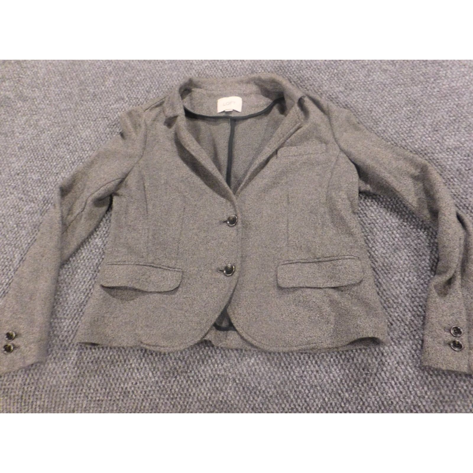Ann Taylor Ann Taylor Loft Blazer Jacket Medium Womens Gray Cotton Knit Solid Long Sleeve Button Pockets Fall Spring Regular M Size M / US 6-8 / IT 42-44 - 2 Thumbnail