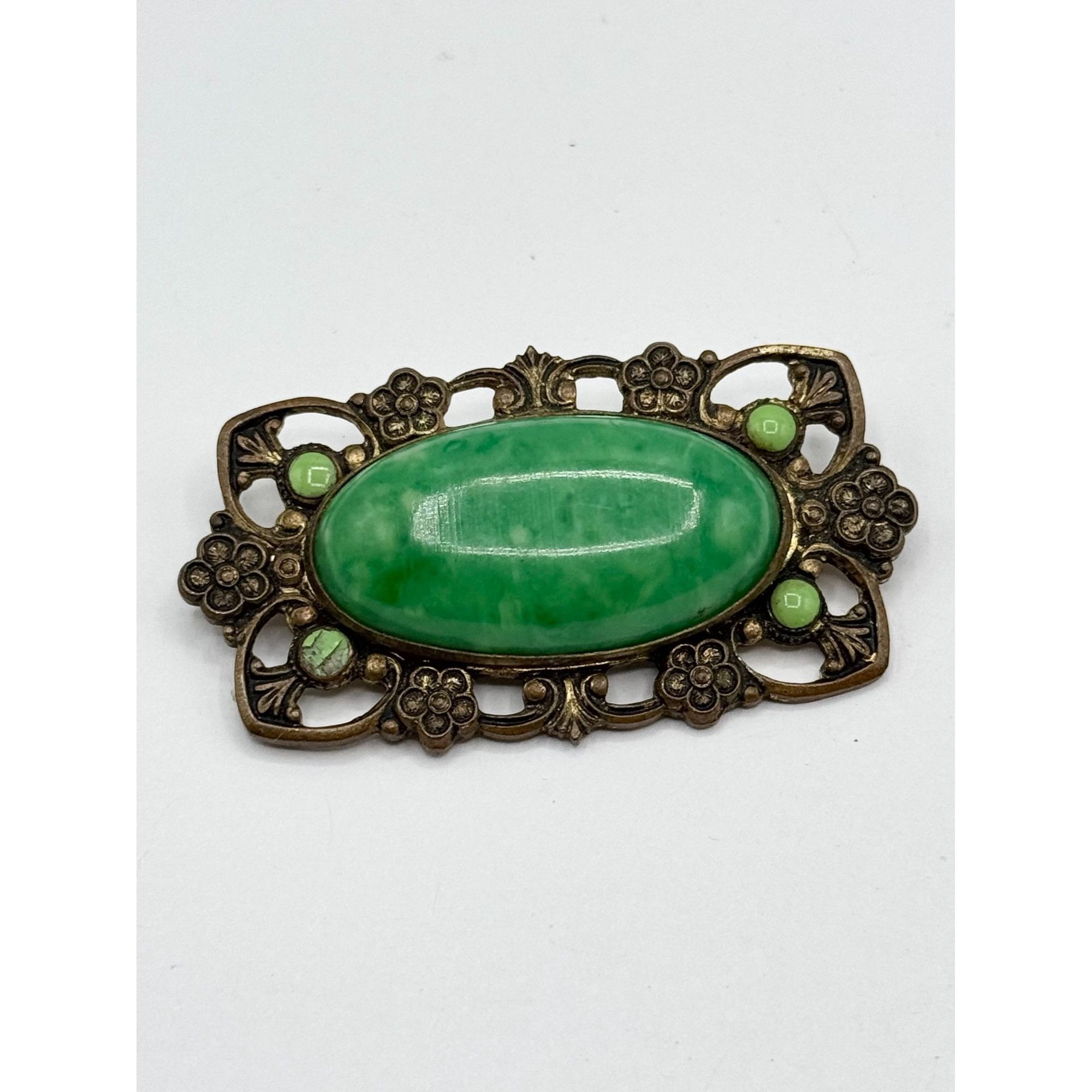 Vintage Vintage 1930's Oval Green Celluloid Floral Pin Brooch Size ONE SIZE - 3 Thumbnail