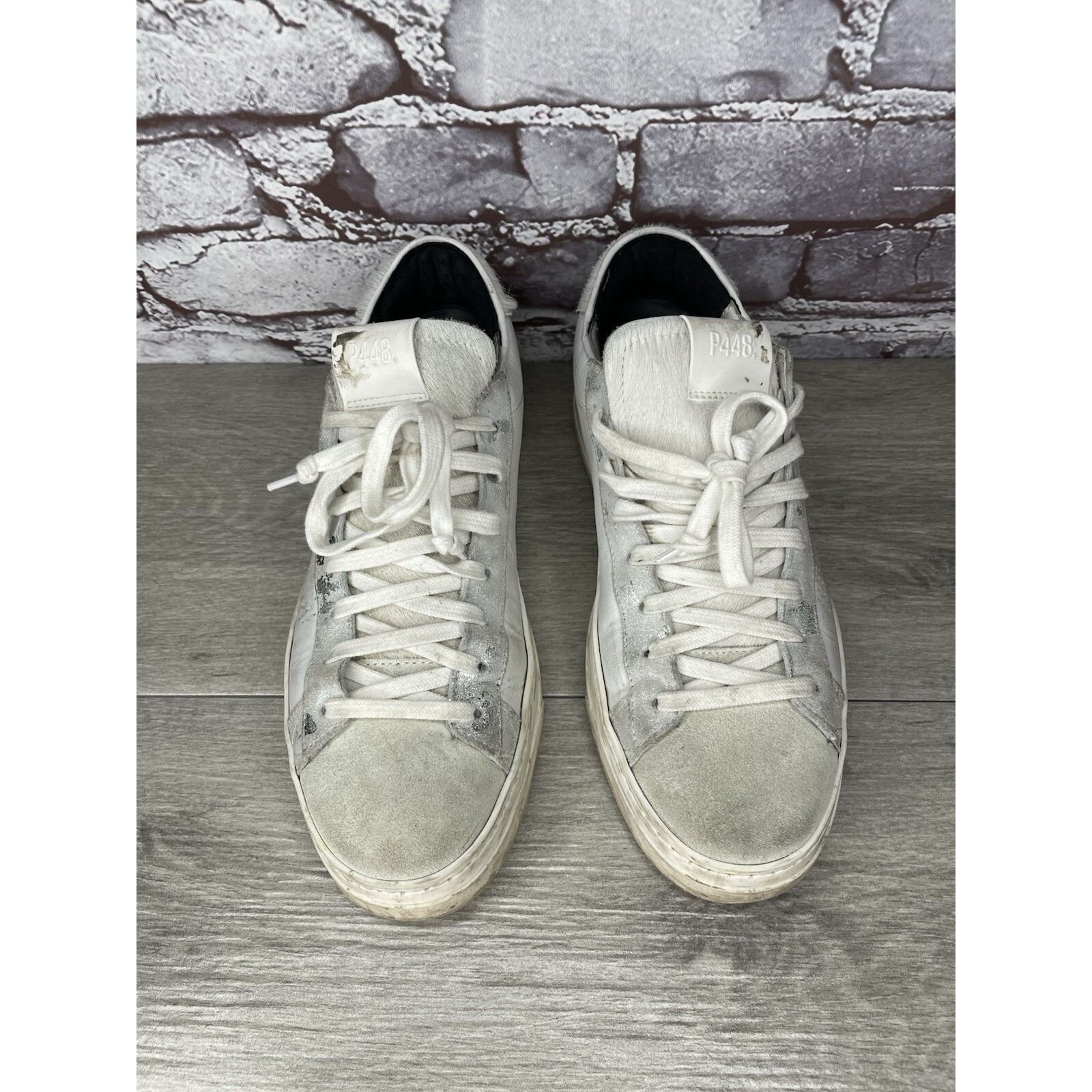 P448 P448 White Leather Gray Suede Silver Glitter Low Top Sneaker Size US 9.5 / IT 39.5 - 2 Thumbnail