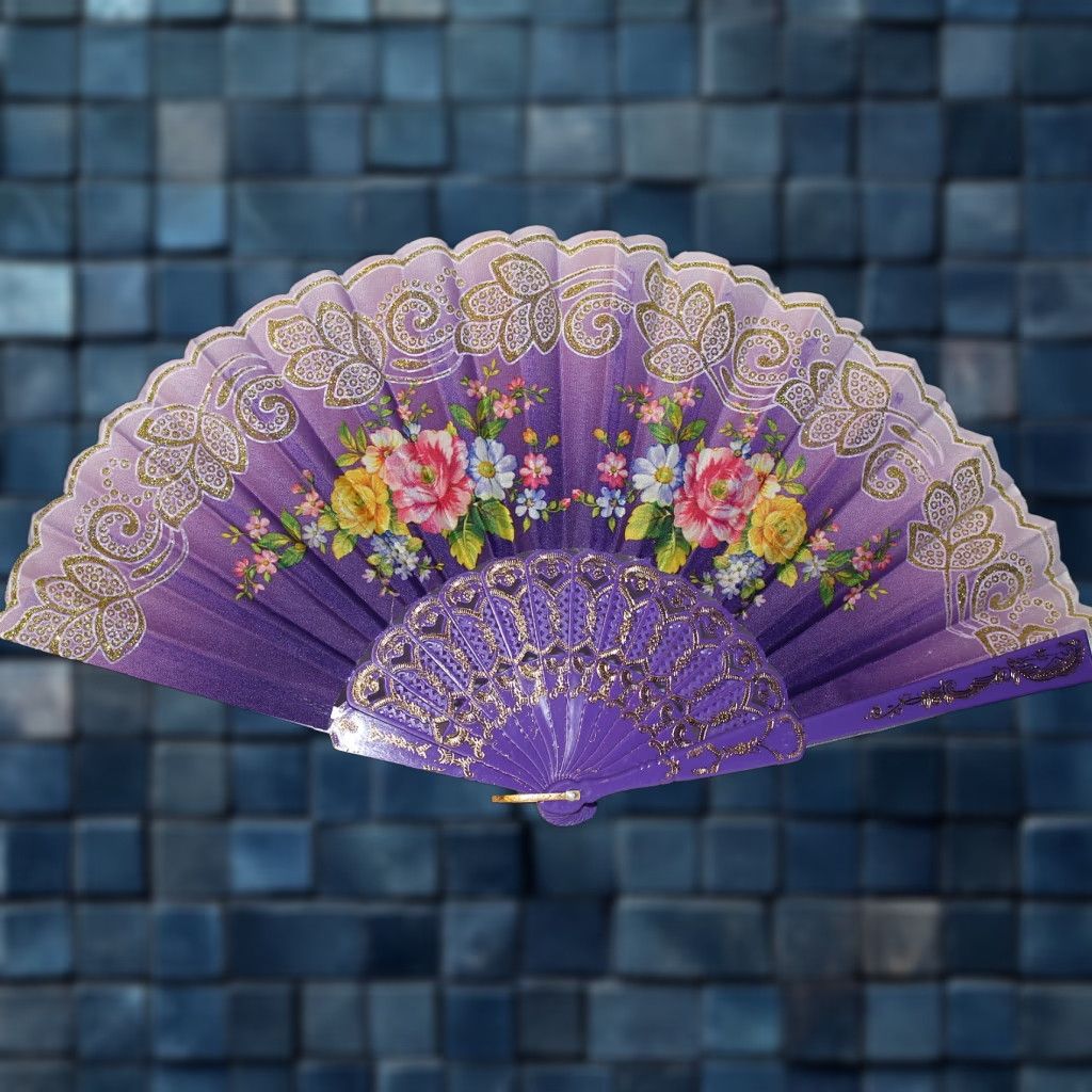 Vintage Vintage Hand Fan with Flowers Purple Small Size Adult Unbranded 16-inch Wide Size ONE SIZE - 1 Thumbnail