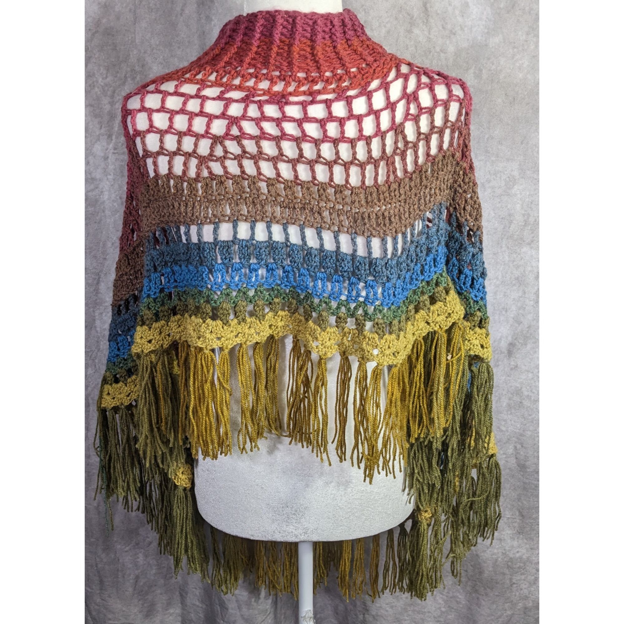 Handmade Vintage Handmade Bohemian Crochet Shawl Poncho With Rainbow Size ONE SIZE - 4 Thumbnail
