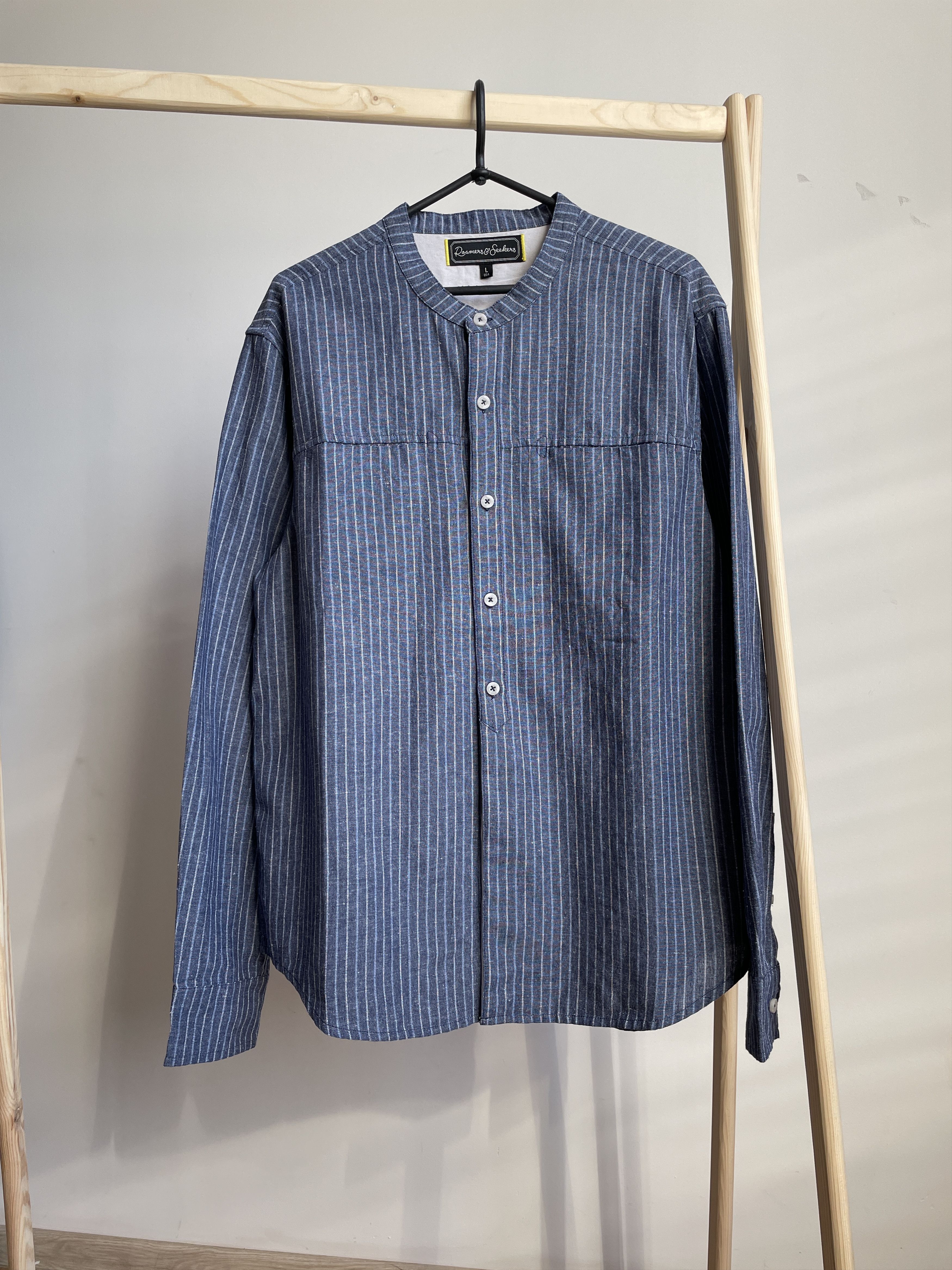 Roamers & Seekers Collarless Striped Linen/Cotton Work Shirt