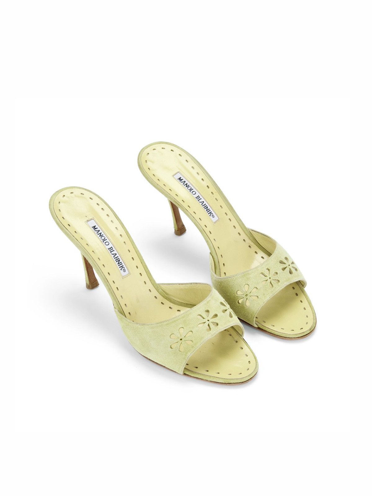 Manolo Blahnik Manolo Blahnik Green Floral Eyelet Laser Cut Suede Heels Size US 11 / IT 41 - 4 Thumbnail