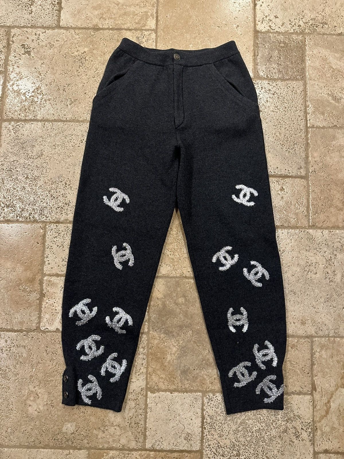 image of Chanel Grey Cashmere Glitter Cc Logo Unisex Pants, Men's (Size 33)