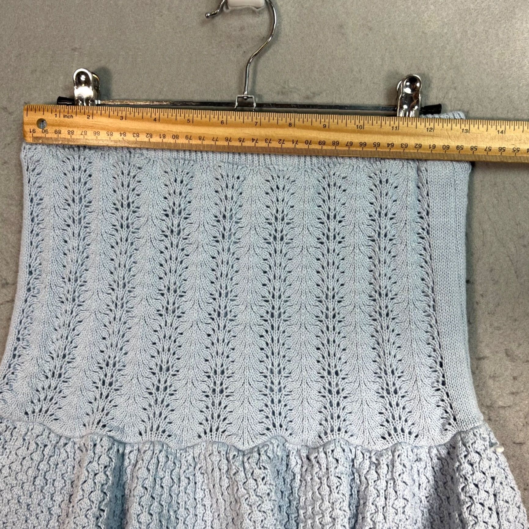 Vintage VINTAGE Freshman 1996 Skirt Small Light Blue Knit Ruffle Hem Mini Cotton Blend Women’s Adult Small Overall/Skirt Light Blue 1990s Womens Size 28" / US 6 / IT 42 - 5 Thumbnail