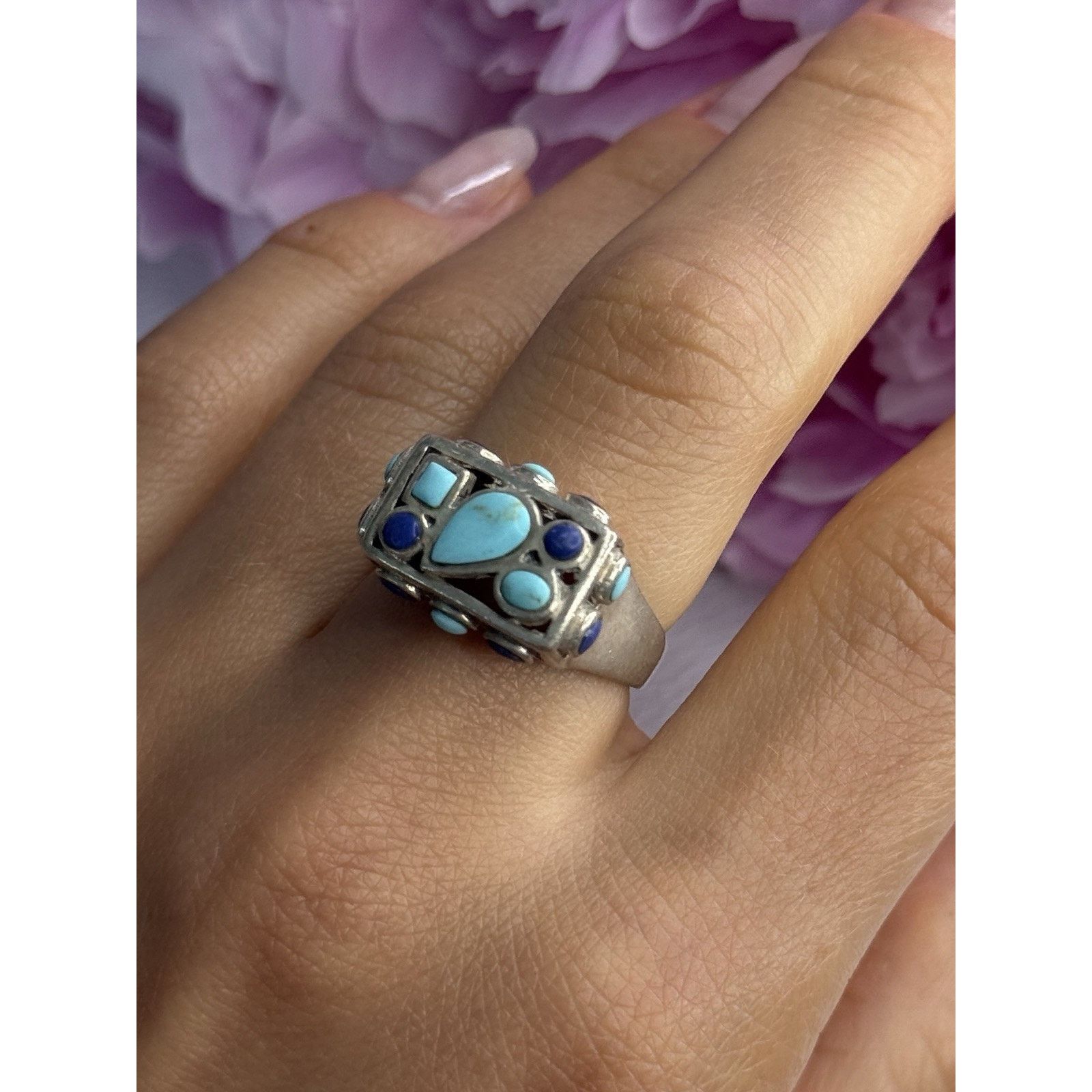 Jewelry 925 STERLING SILVER TURQUOISE & SODALITE RING SIZE 7.5 Size ONE SIZE - 6 Thumbnail