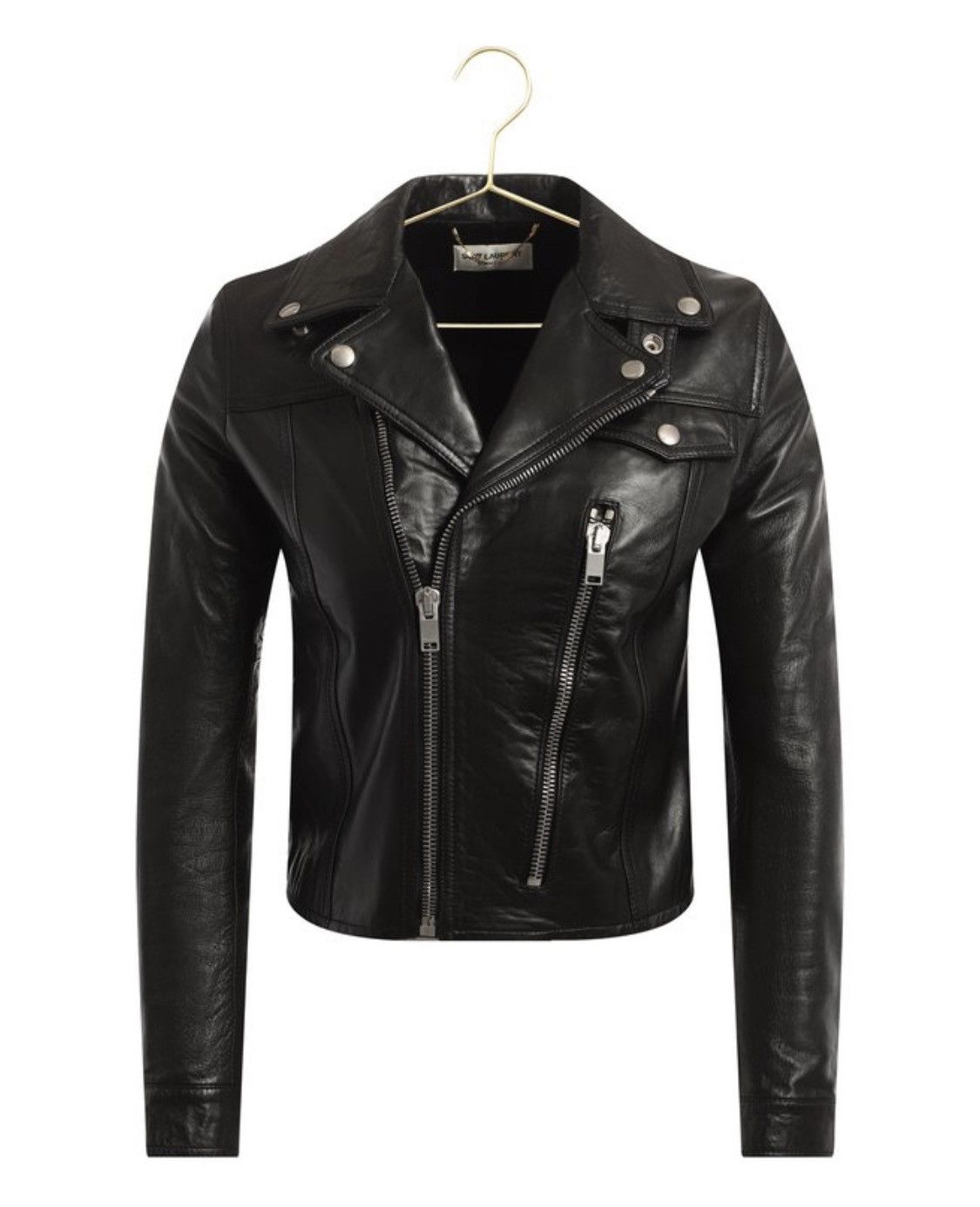image of Hedi Slimane x Saint Laurent Paris Leather Biker Asymmetric Zip Up Moto Jacket in Black (Size XS)