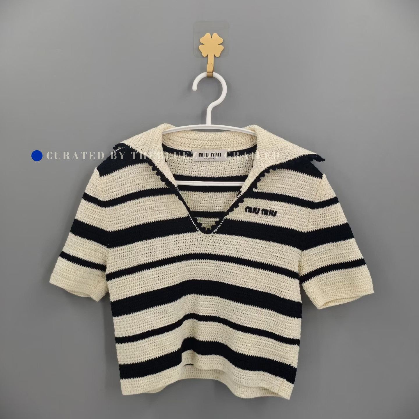 Miu Miu MIU MIU Beige Stripe Short-Sleeve Knit Top Size XS / US 0-2 / IT 36-38 - 1 Thumbnail