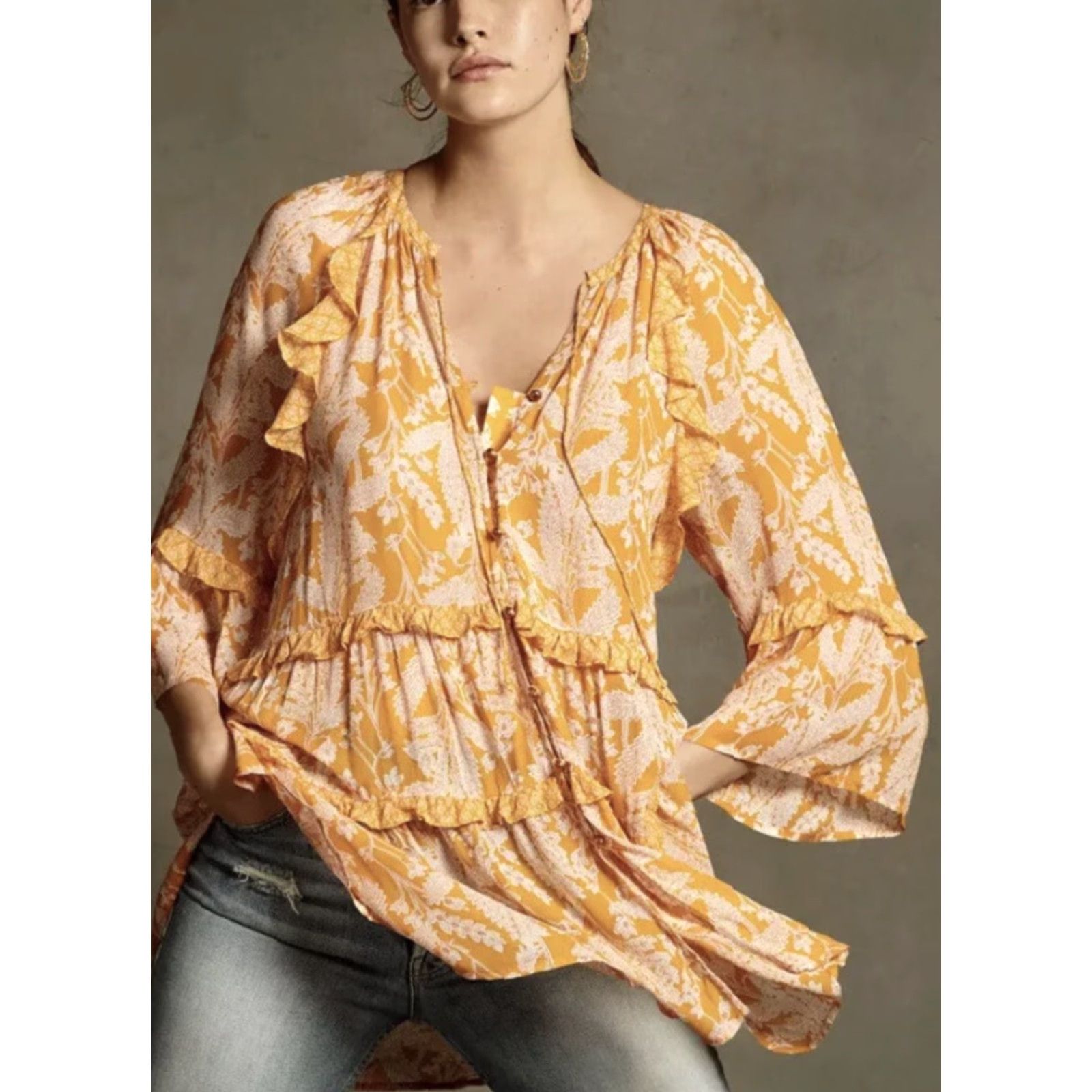 Anthropologie Anthropologie Tunic Top Sz Large Mia Boho Orange Floral Ruffle Tiered Flowy Size L / US 10 / IT 46 - 7 Thumbnail