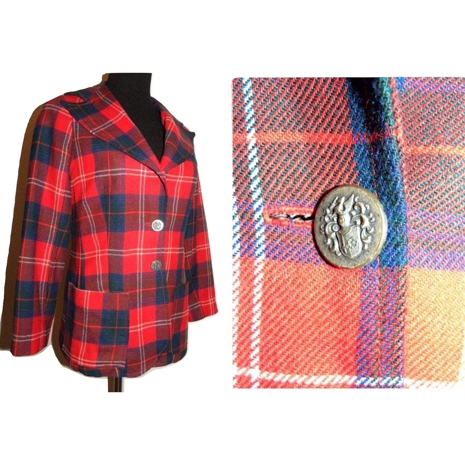 Vintage 70s RED Plaid Tartan Blazer Wide Notched Collar MOD Punk Size S / US 4 / IT 40 - 1 Thumbnail