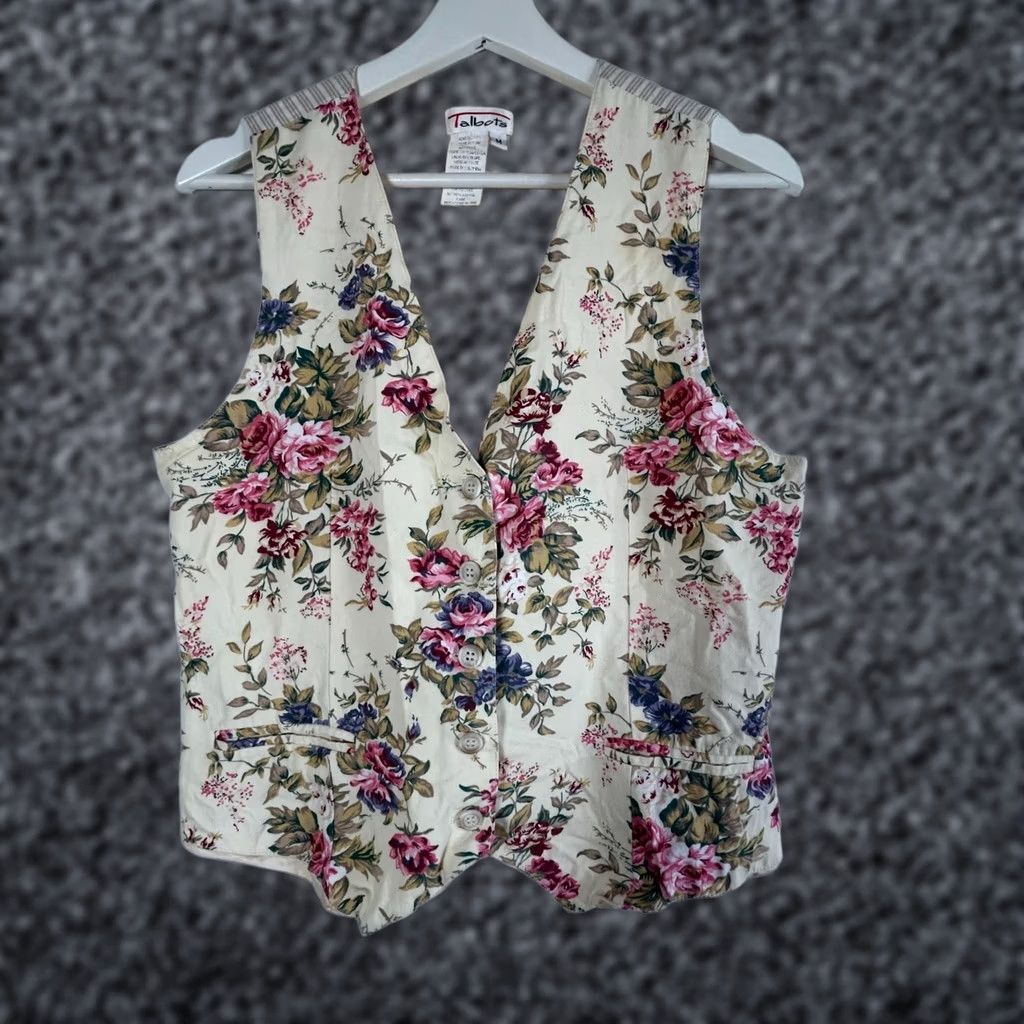 Talbots Talbots Womens V-Neck Floral Vest Medium Beige Striped Back Lightweight Pockets Size M / US 6-8 / IT 42-44 - 1 Thumbnail
