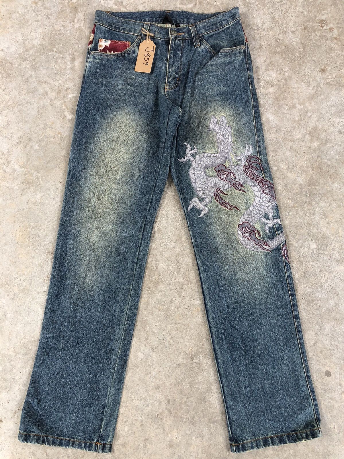 Japanese Brand Japanese Gumu Dragon Embroidered Jeans Distressed Jeans Size US 31 - 1 Thumbnail