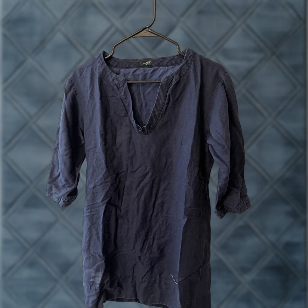 J.Crew VINTAGE J.CREW Linen Tunic Womens Small Navy Blue V-Neck 3/4 Sleeve Embroidered Dress Size S / US 4 / IT 40 - 1 Thumbnail
