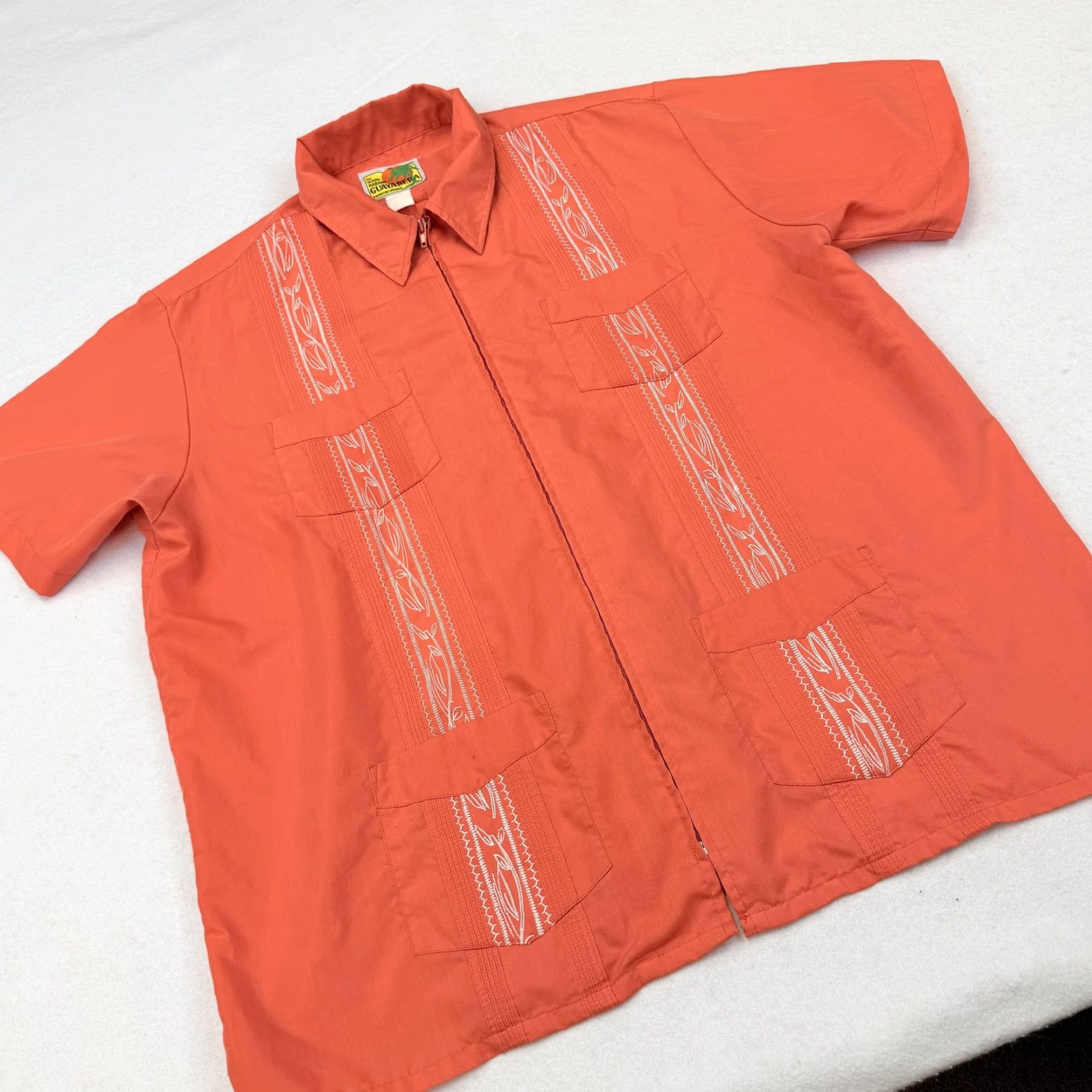 Haband Haband Guayabera Shirt Mens 3XL Orange Embroidered Zip Front Short Sleeve Cuban Size US XXL / EU 58 / 5 - 2 Thumbnail