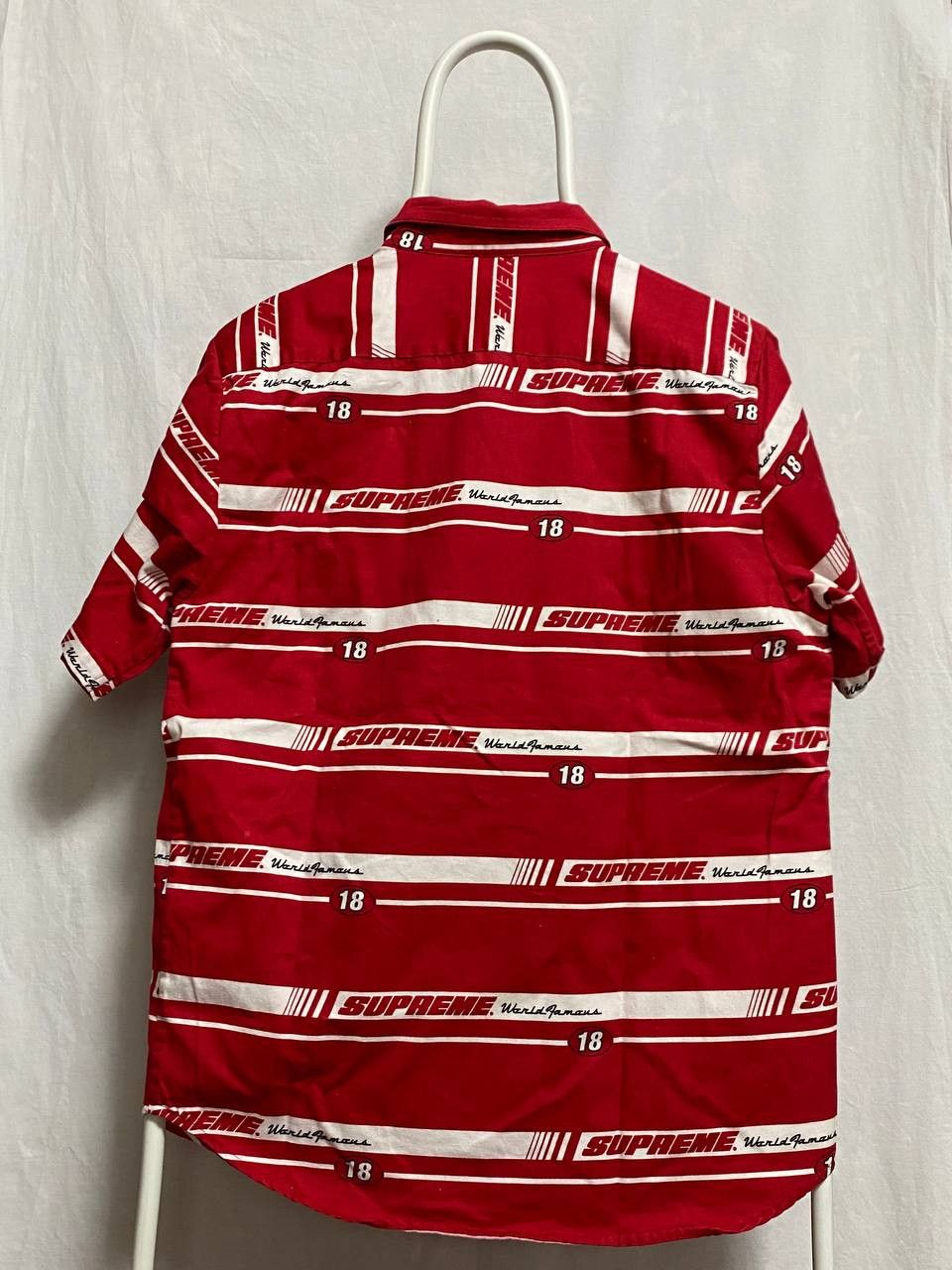 👕 Supreme “World Famous” Button-Up – Racing Stripe Print