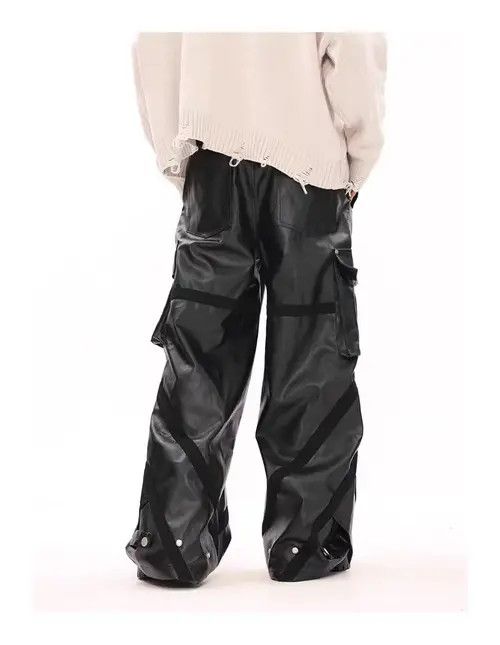 Japanese Brand Vintage Street Punk Pleated Multi-Pocket Leather Pants Size US 28 / EU 44 - 6 Thumbnail