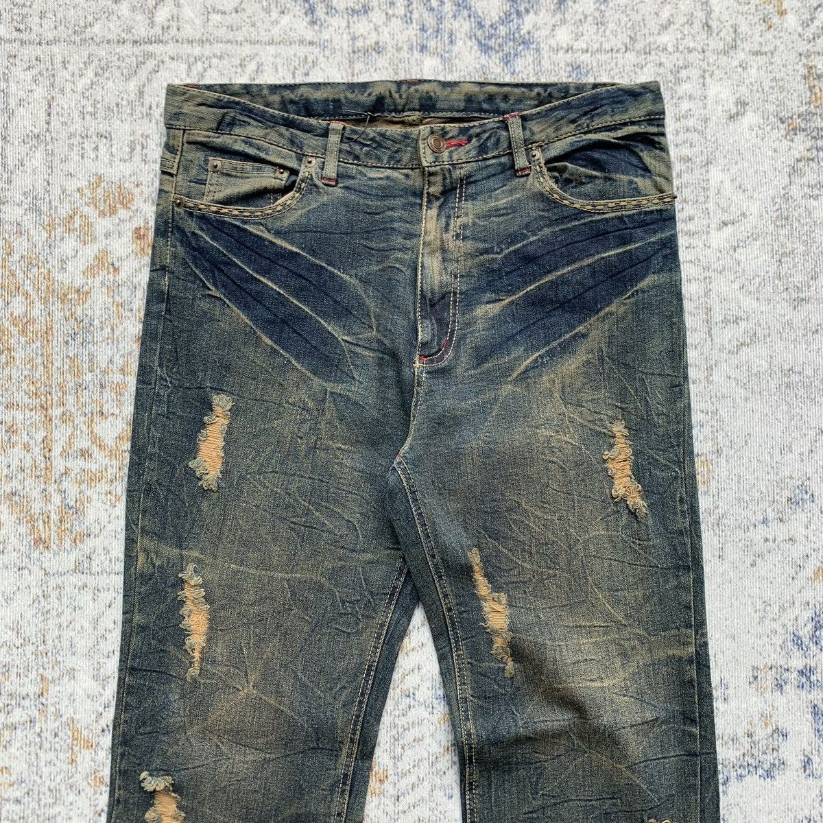 Vintage 2000s Japanese Brand Mud Wash Distressed Flared Jeans Size US 32 / EU 48 - 2 Thumbnail