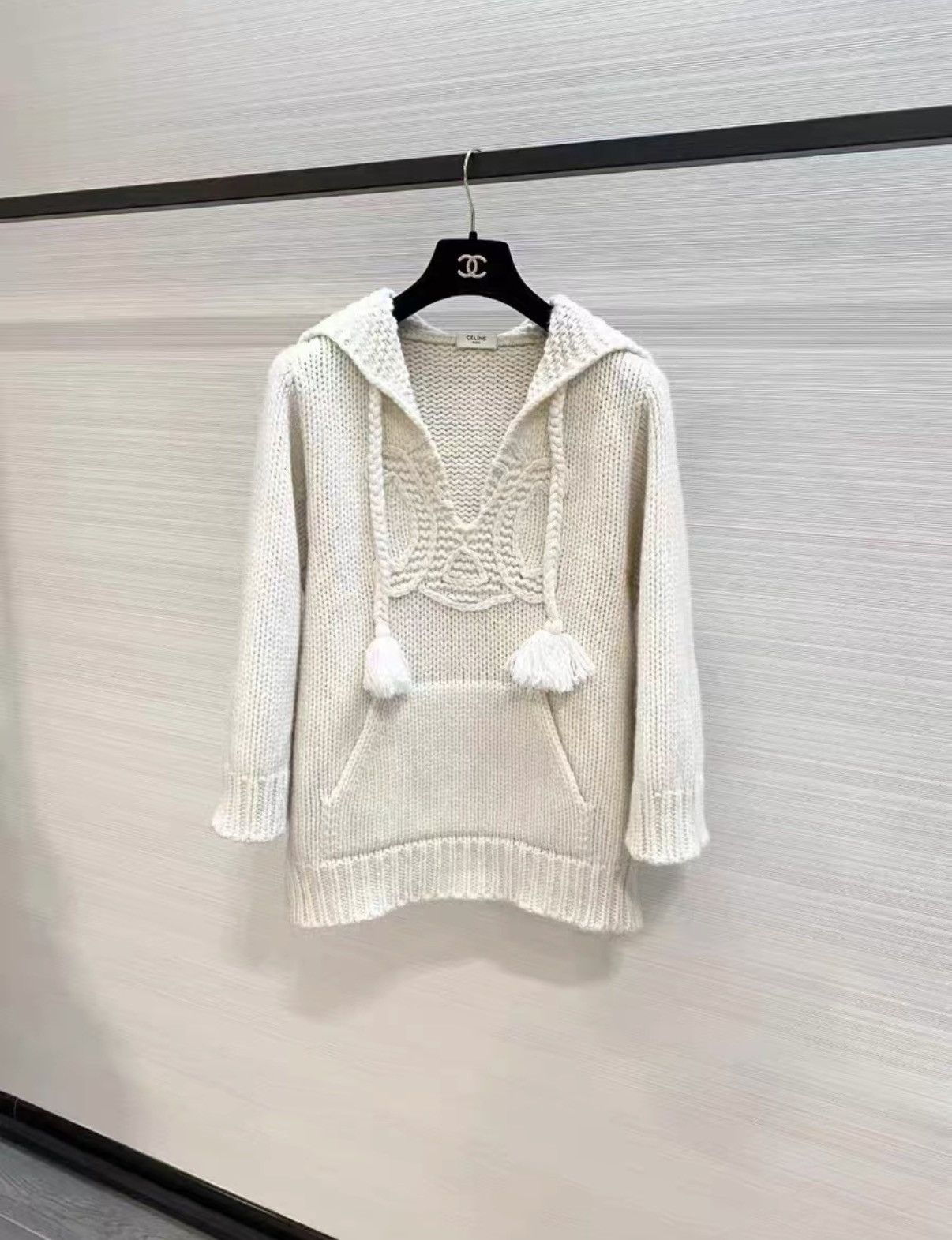 Celine Celine Stylish white large logo wool hooded knit sweater J33 Size S / US 4 / IT 40 - 1 Thumbnail