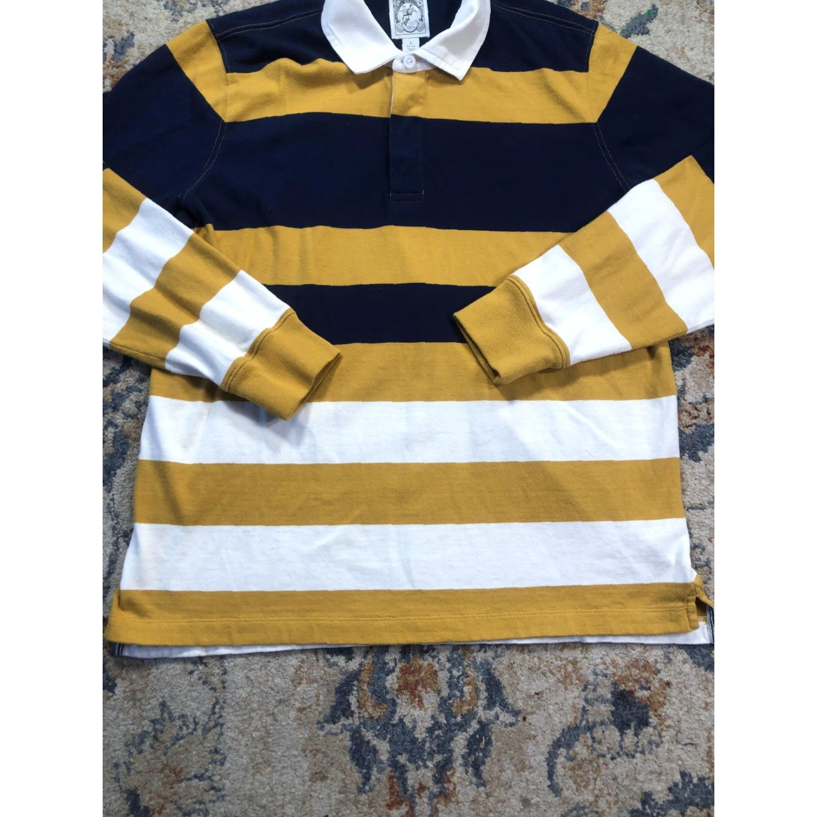 Lands' End Lands' End Polo Shirt Mens L Multicolor Striped Rugby Long Sleeve Yellow Navy White Pattern Button Collar Casual Size US L / EU 52-54 / 3 - 5 Thumbnail