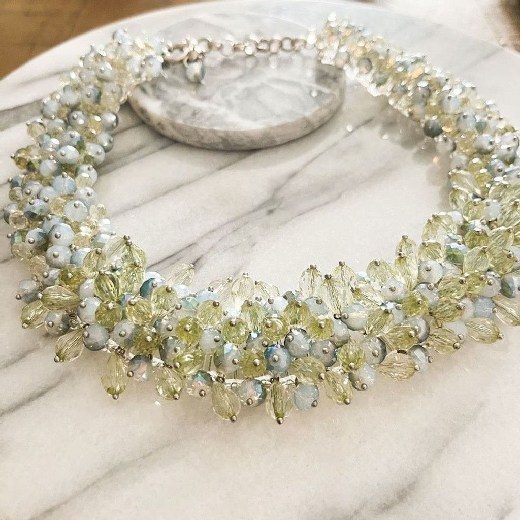 Vintage Art Glass Faceted Bead Cluster Collar Necklace Green Blue Size ONE SIZE - 2 Thumbnail