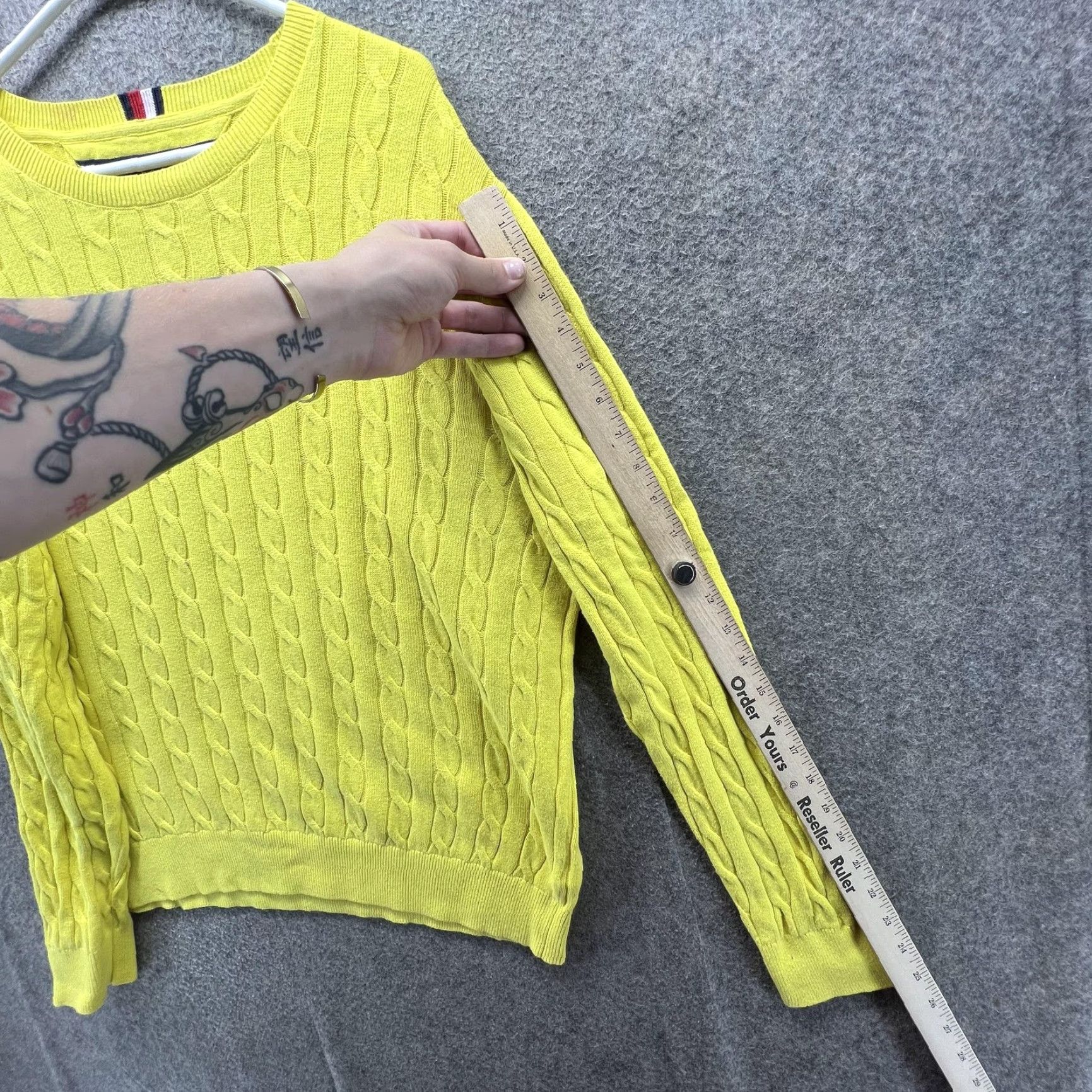 Tommy Hilfiger Sweater Mens XL Yellow Cotton Cable Knit Crewneck Pullover Logo