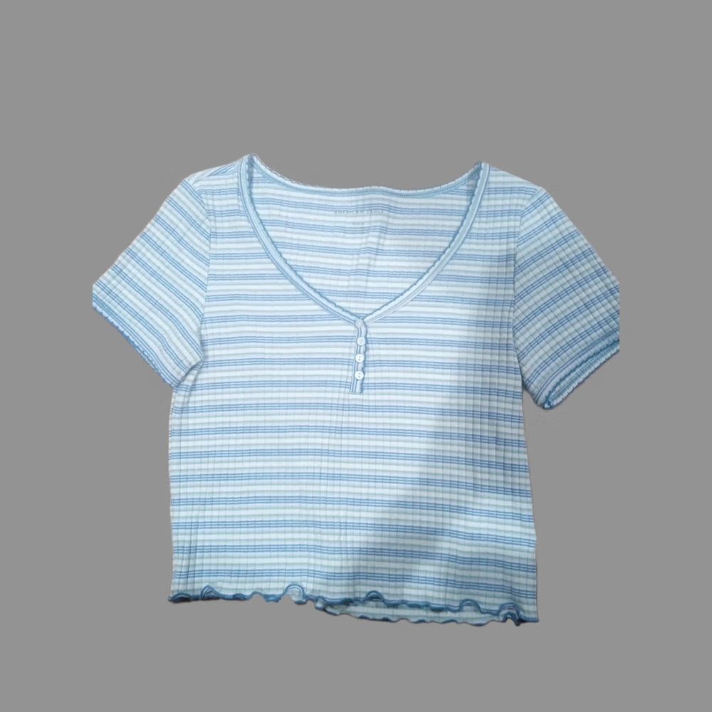 American Eagle Outfitters American Eagle Outfitters Shirt Cropped Slim White 90s Y2K Vintage - Womens M Ribbed Crop Top Snap Button Cap Sleeve Size M / US 6-8 / IT 42-44 - 1 Thumbnail