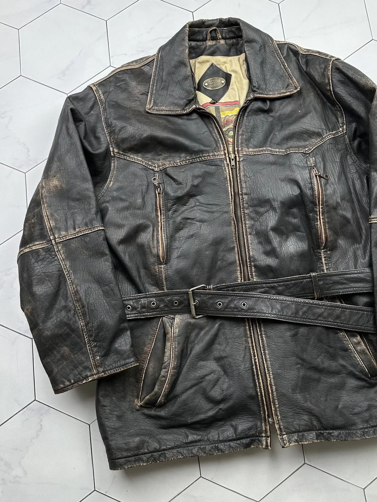 Genuine Leather Vintage Faded Leather Belt Coat (B409)E2 Size US L / EU 52-54 / 3 - 2 Thumbnail