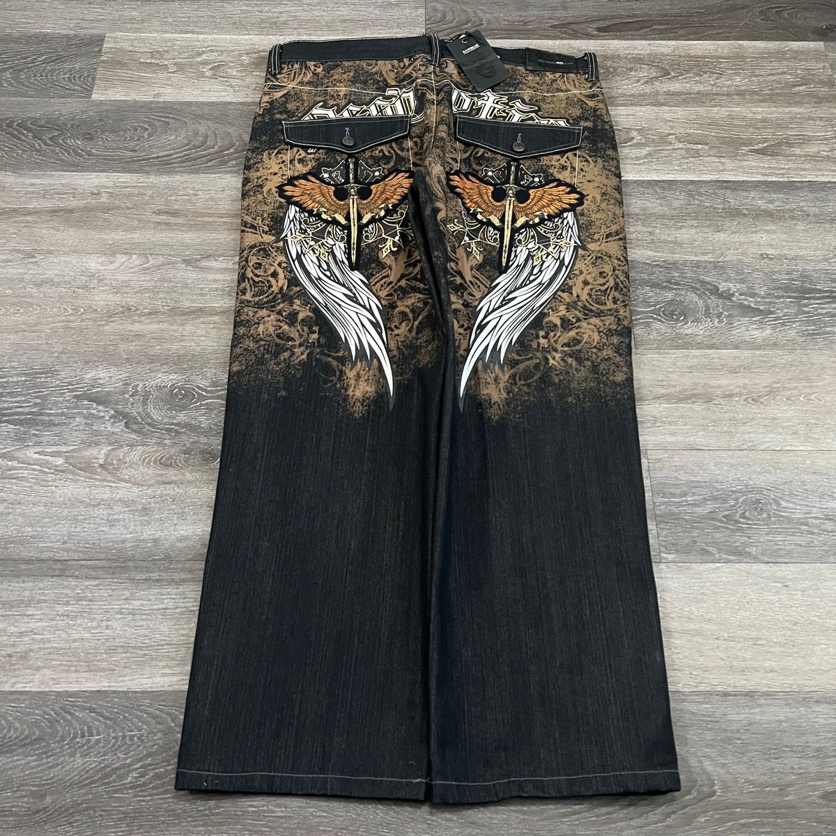 Pre-owned Affliction X Jnco Insane Vintage Y2k Raw Blue Affliction Style Aop Wing Jeans In Navy