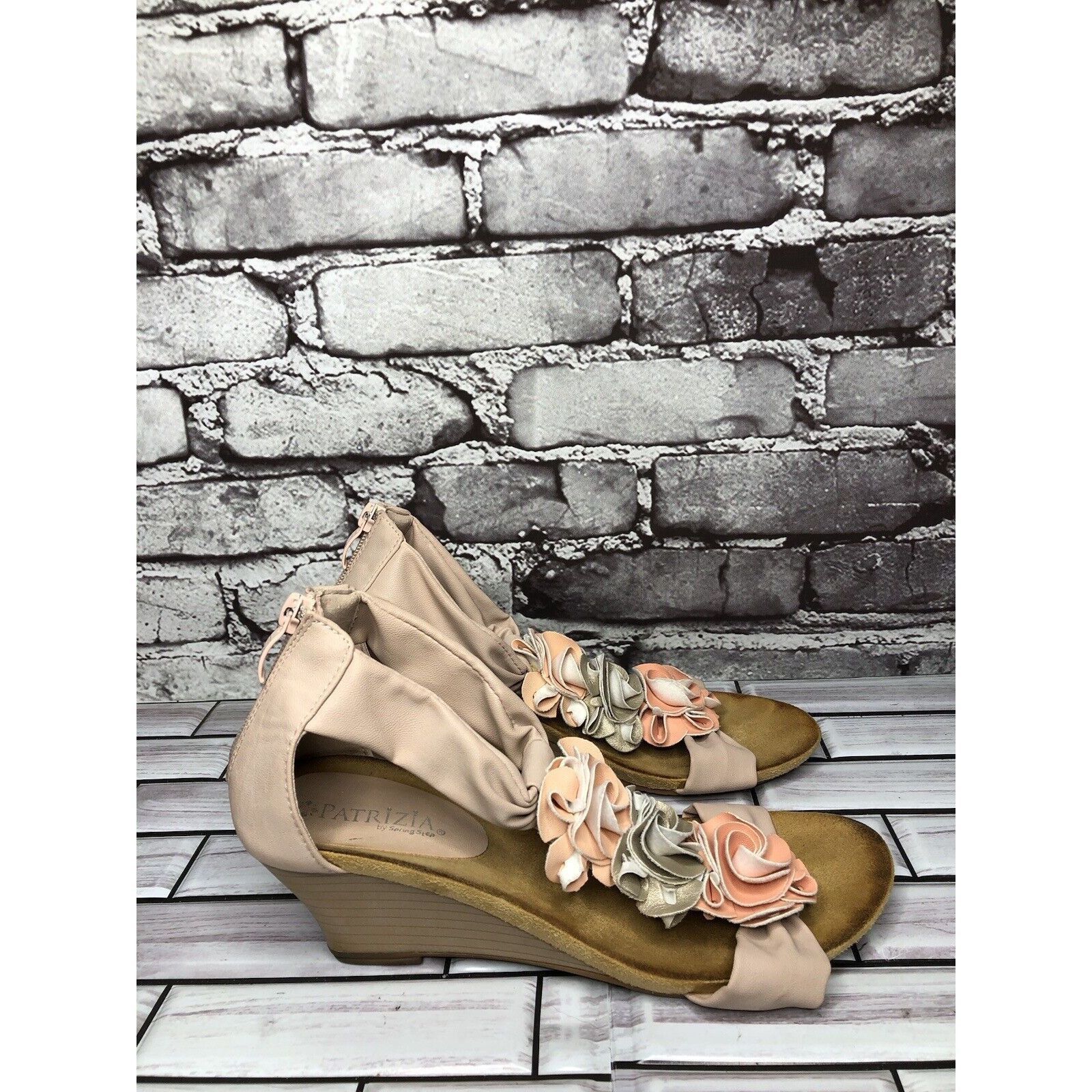 Other Patrizia Blush Pink Flower Faux Leather Harlequin Wedge Sand Size US 7.5 / IT 37.5 - 18 Thumbnail
