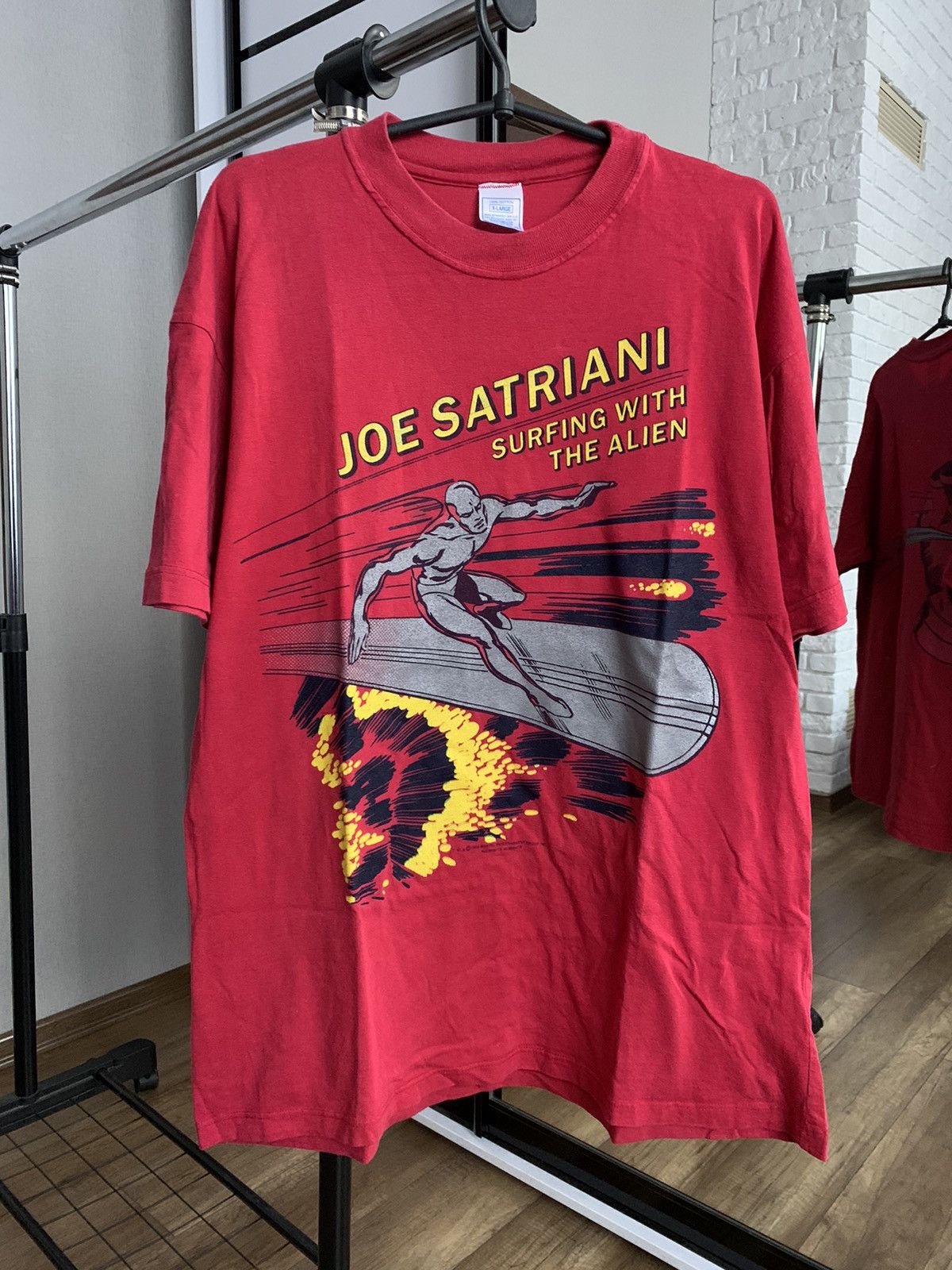 Image of Band Tees x Marvel Comics 1988 Joe Satriani Silver Surfer Alien Vintage T-Shirt Tee in Red (Size XL