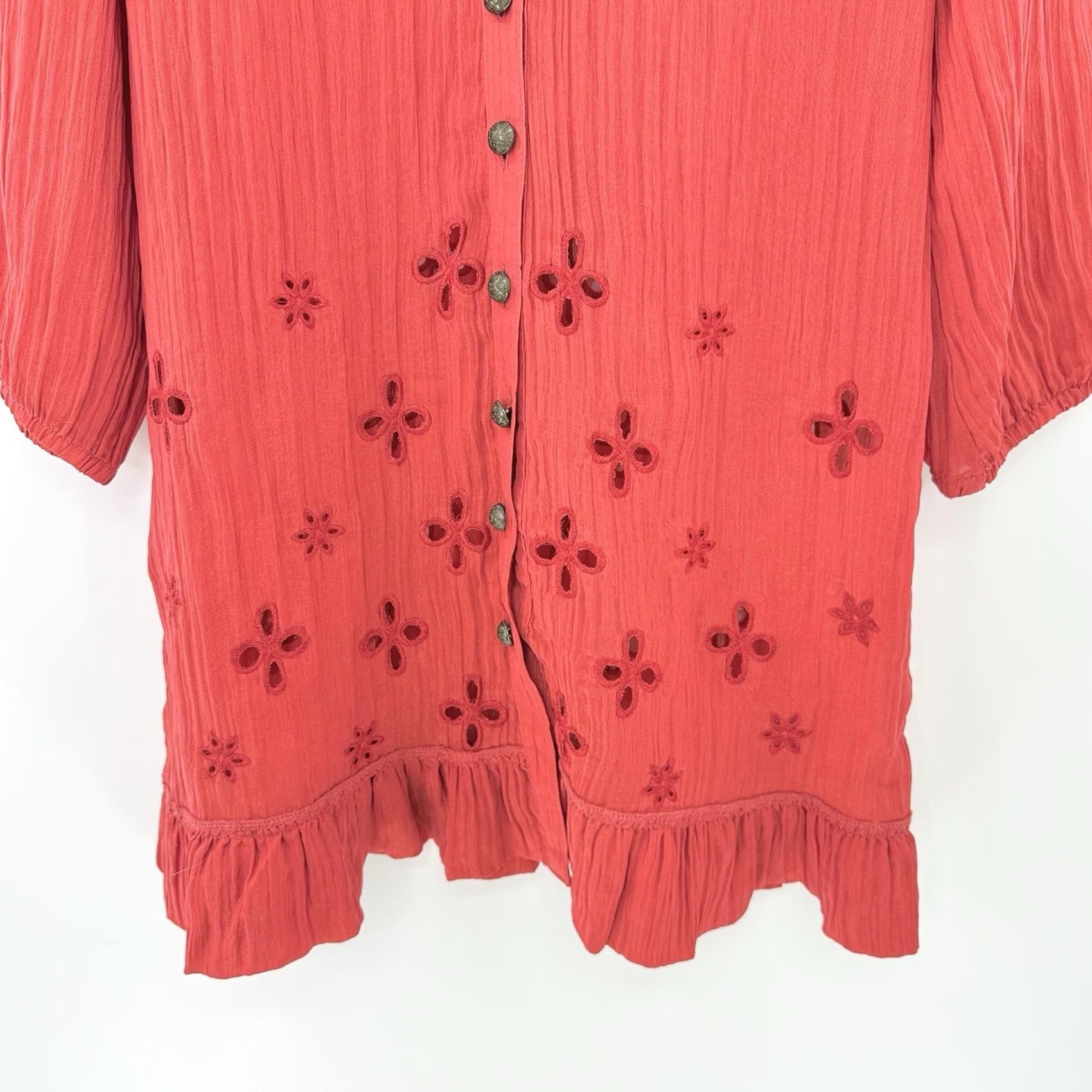 Vintage Couture Vers Yours Women's Red Embroidered Tunic Blouse L Boho Floral Button-Up Long Sleeve Size L / US 10 / IT 46 - 4 Thumbnail