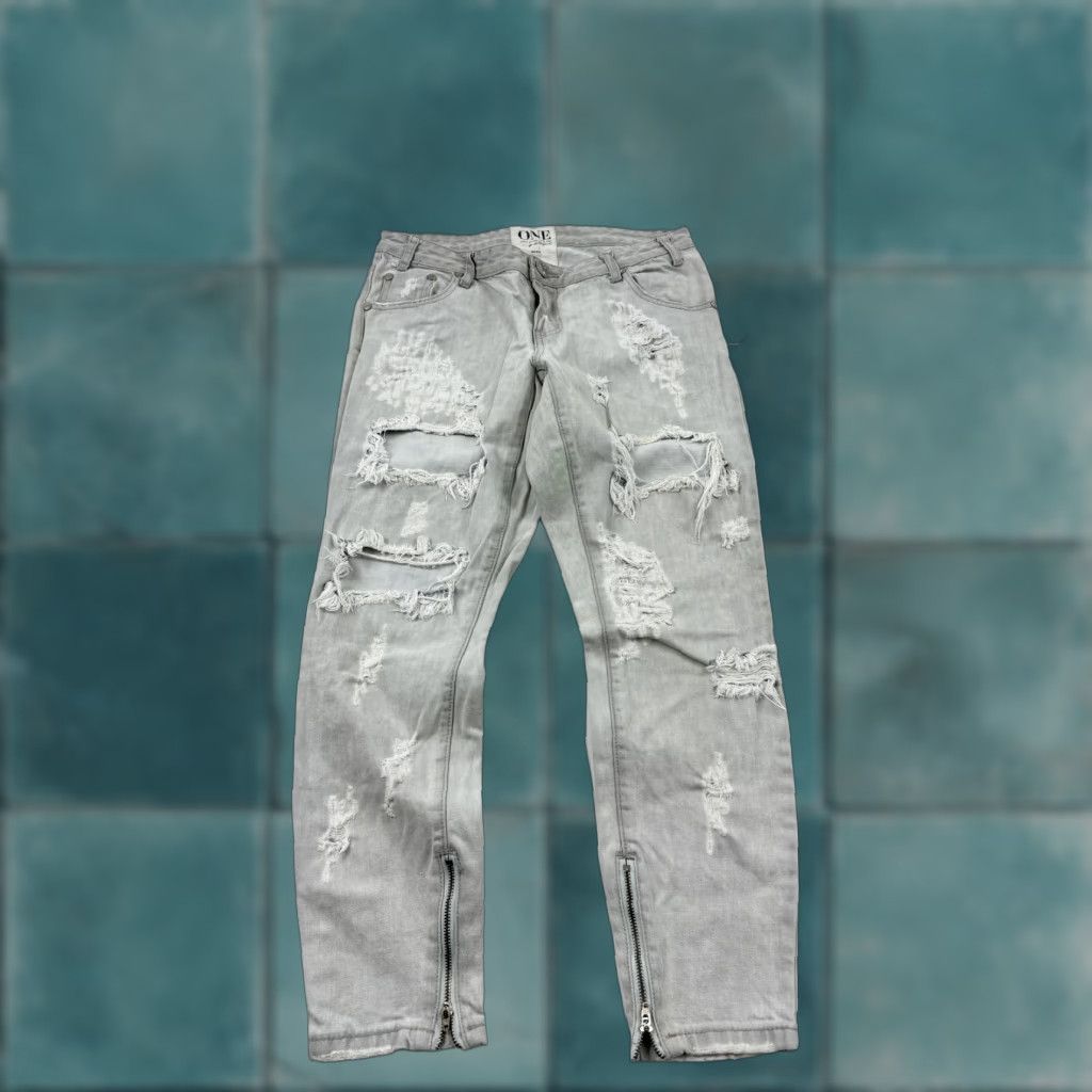 Vintage One Teaspoon Jeans Womens 28 Gray Distressed Trashed Free Birds Ankle Zip Skinny Size 28" / US 6 / IT 42 - 1 Thumbnail