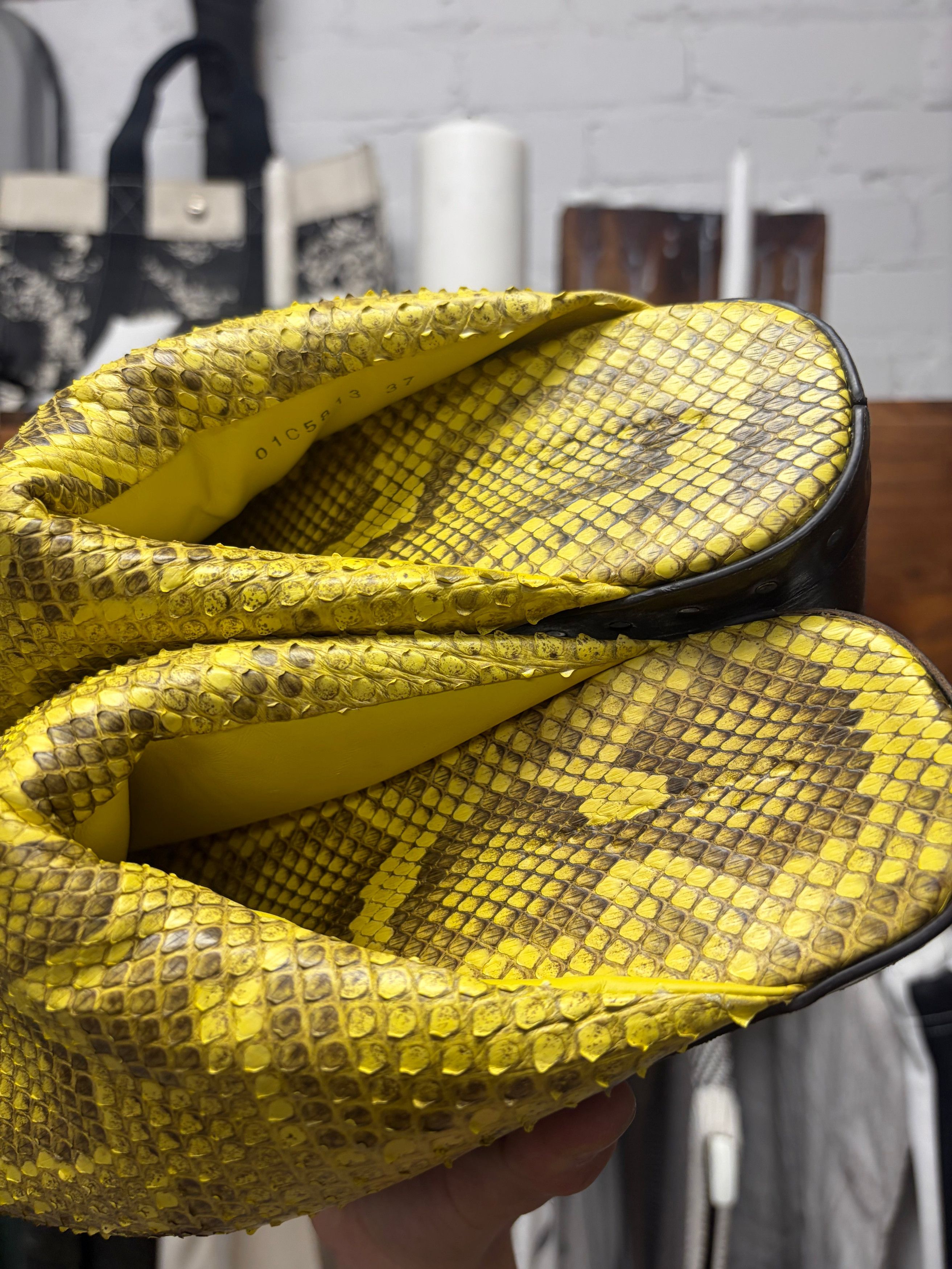 Rick Owens SS2023 Rick Owens ‘Edfu’ Yellow Python Leather Platform Wood Block Sole Sandals Size US 7.5 / IT 37.5 - 4 Thumbnail