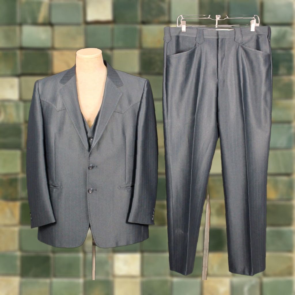 Vintage VINTAGE Sewell Men's VTG 70s Dark Blue 3 PC Western Leisure Suit Sz L 1970s Disco Polyester Men’s Shirt Size 36R - 1 Thumbnail