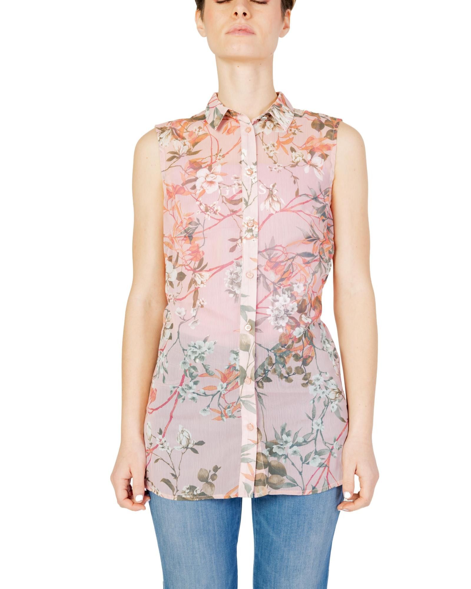 image of Guess Floral Button-Up Sleeveless Blouse in Pink, Women's (Size Small)