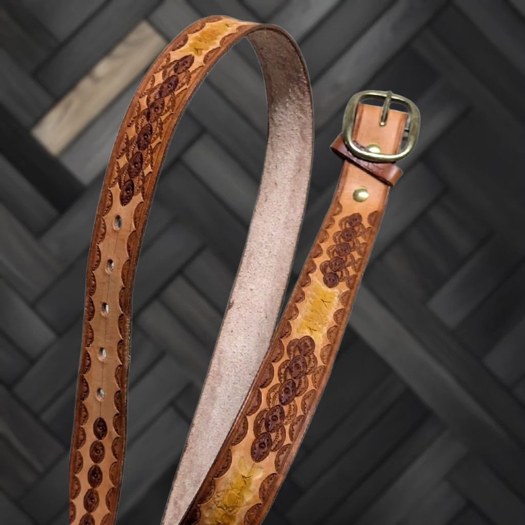 Vintage VINTAGE HANDCRAFTED belt TOOLED cowhide 40 brown WESTERN geometric brass Size 40 - 1 Thumbnail