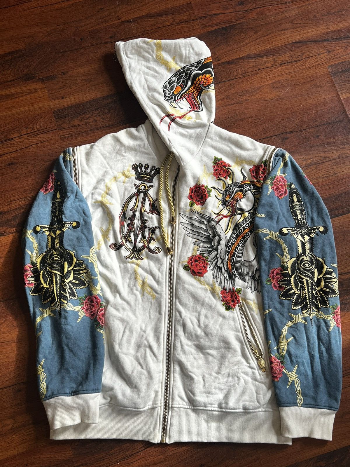 image of Christian Audigier x Ed Hardy Vintage Y2K Ed Hardy Audigier Snake Hoodie Streetwear in White (Size 