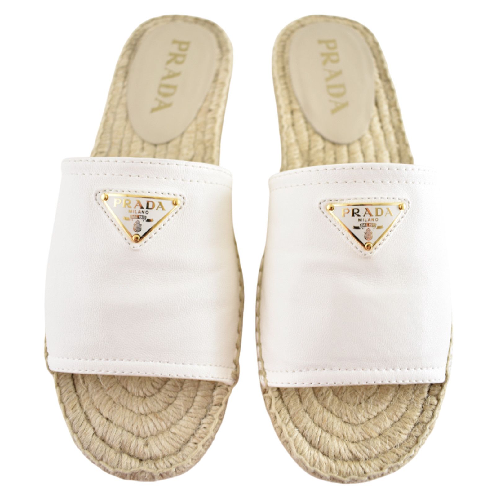Prada Prada Gold Triangle Logo Avorio White Leather Espadrille 37 Size US 7 / IT 37 - 1 Thumbnail