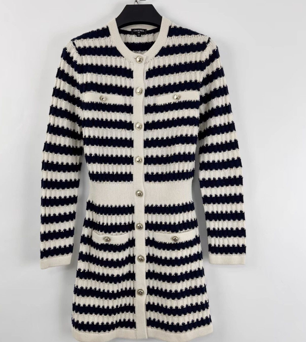 Chanel Chanel Blue & White Striped Sequin Knit Dress K12 Size XXS / US 00 / IT 34 - 1 Thumbnail