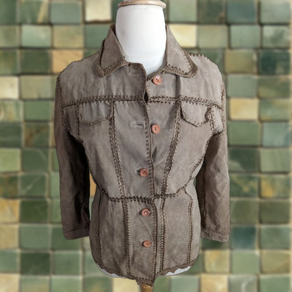 Vintage VINTAGE Y2K Suede Leather Crochet Patchwork Shirt Jacket Coat Blazer Large Brown Size L / US 10 / IT 46 - 1 Thumbnail