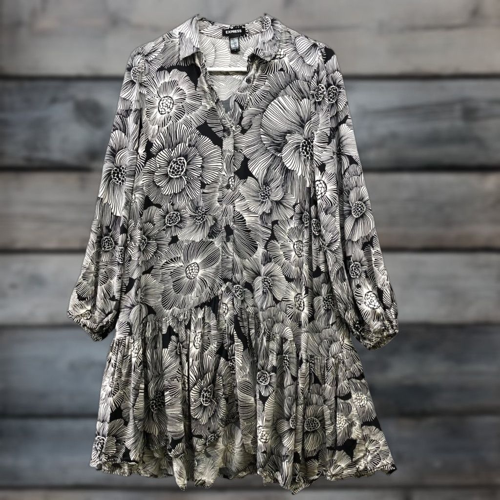 Express Express Shirt Dress S Black White Floral Long Sleeve Oversized Ruffle Hem Button Front Collared Crewneck? Size S / US 4 / IT 40 - 1 Thumbnail