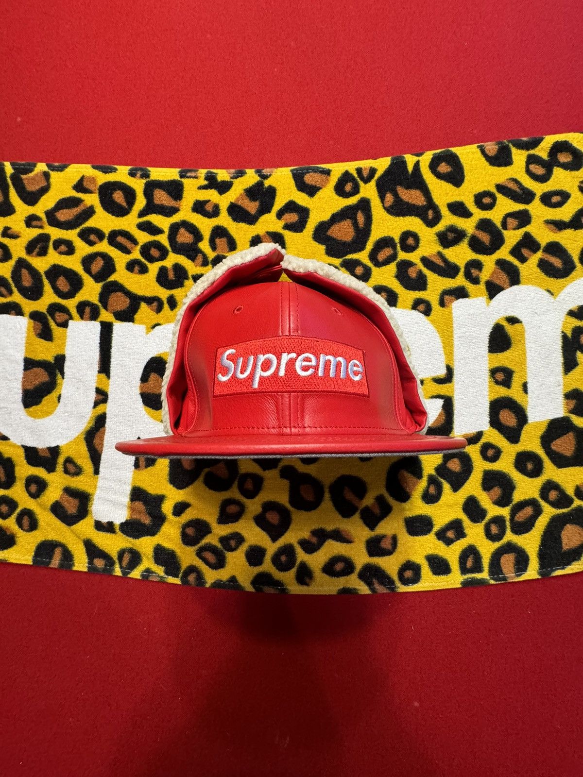 image of Supreme X New Era Leather Fitted Hat in Red, Men's