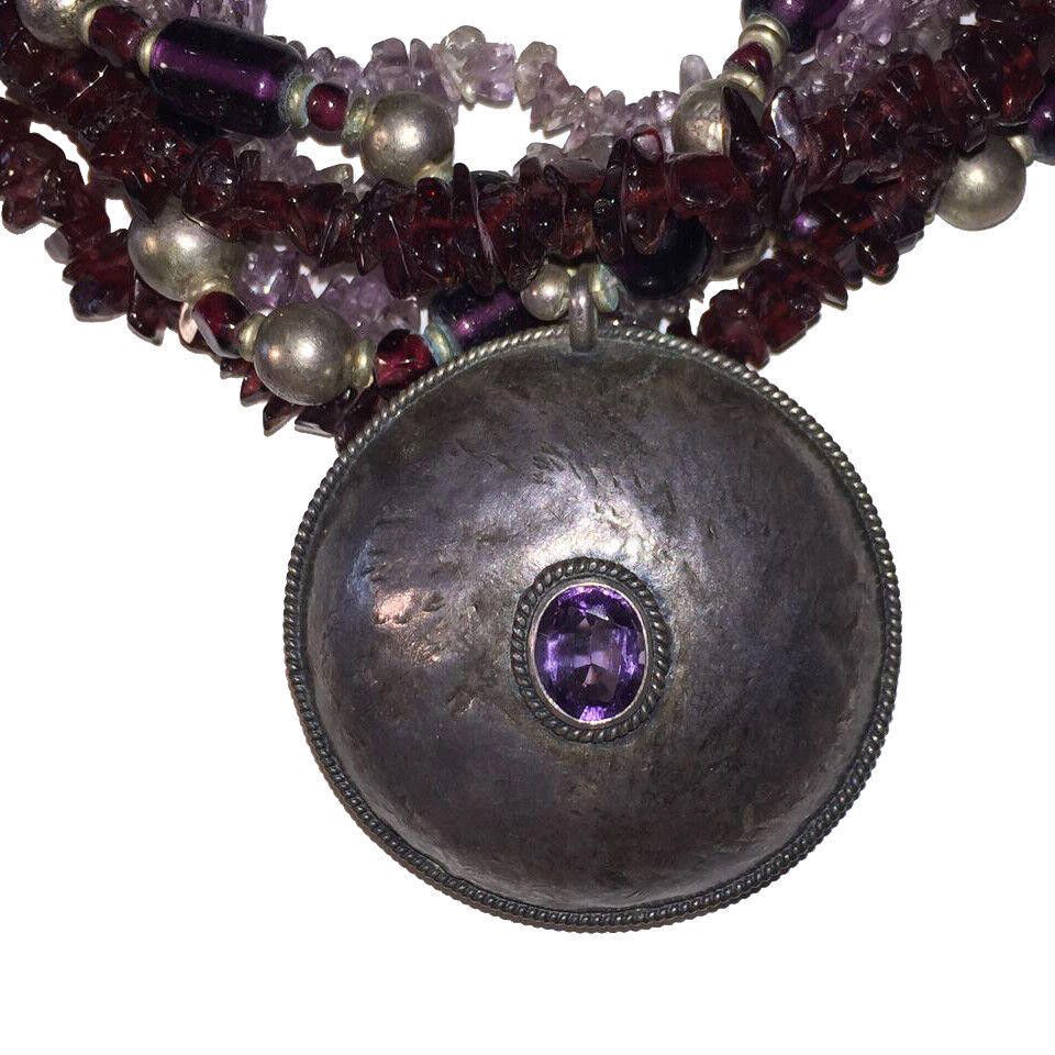 Designer Sterling Pendant Glass Amethyst & Garnet Chip Bead Necklace Size ONE SIZE - 3 Thumbnail