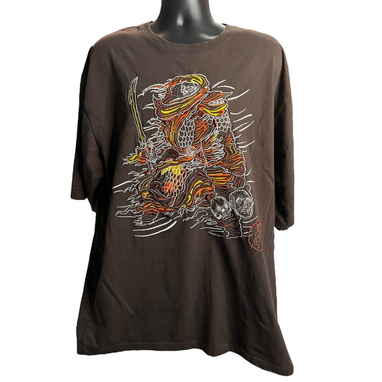 Fatherz IV Premium Samurai Skull Embroidered Brown T-Shirt