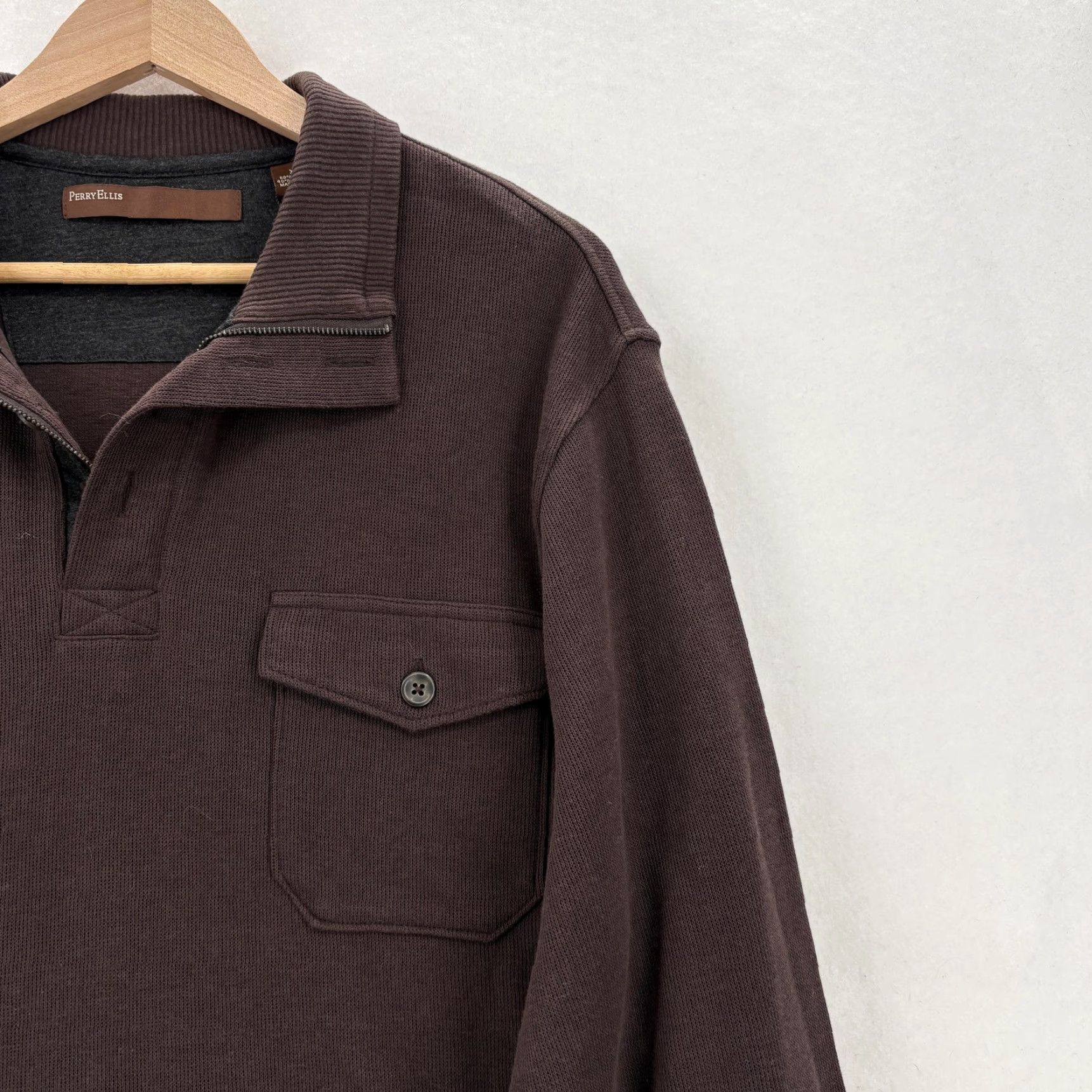 Perry Ellis Perry Ellis Sweater Mens 2XL Brown Cotton Polyester Knit Collared 1/4 Zip Pocket Pullover Long Sleeve Wool? Size US XXL / EU 58 / 5 - 2 Thumbnail